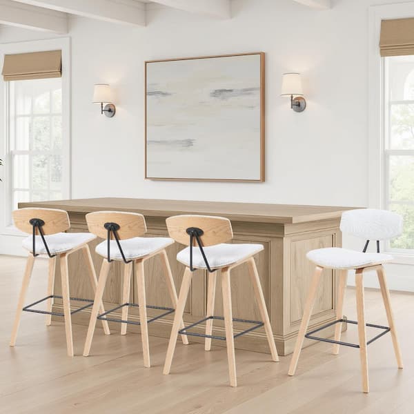 Fox 38 in. H White / Oak Curved Back Wood Bar Stool with Polyester Fabric Seat Set of 4