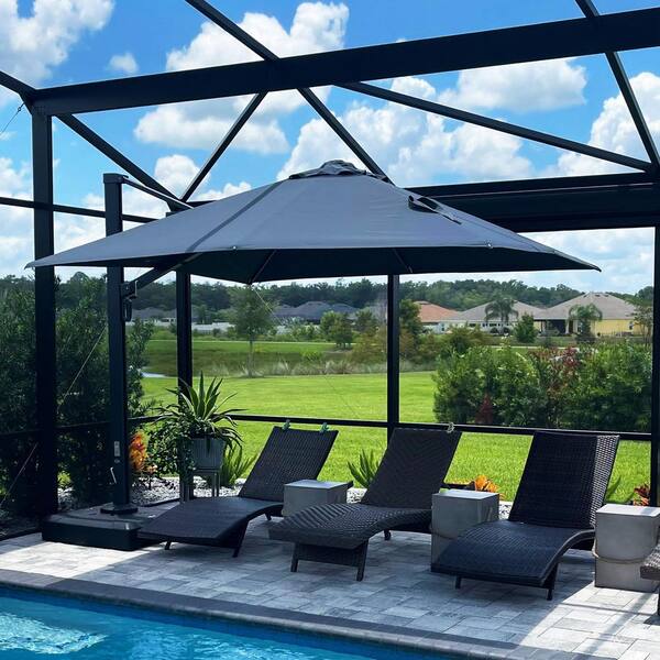 11 ft. Square Large Outdoor Aluminum Cantilever 360-Degree Rotation Patio Umbrella with Base, Gray