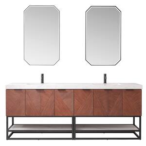Mahon 84 in.W x 22 in.D x 33.9 in.H Double Sink Bath Vanity in Walnut with White Grain Composite Stone Top and Mirror