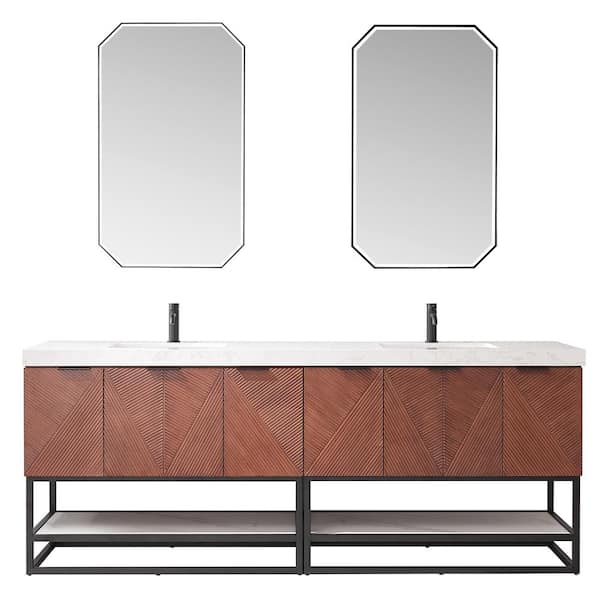ROSWELL Mahon 84 in.W x 22 in.D x 33.9 in.H Double Sink Bath Vanity in Walnut with White Grain Composite Stone Top and Mirror