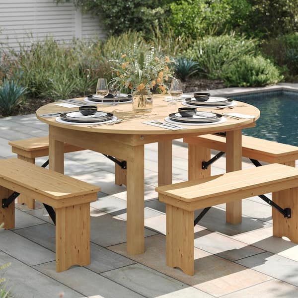 Carnegy Avenue Hercules Light Natural Solid Wood 59.75 in. 4-Legs Commercial Farmhouse Dining Table with Foldable Locking Legs Seats 8