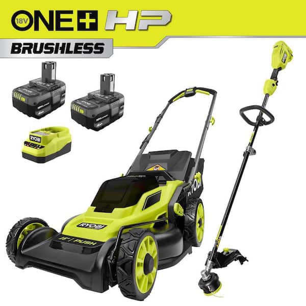 ONE+ HP 18V Brushless 16" Cordless Battery Walk Behind Push Mower w/ String Trimmer, (2) 4.0 Ah Batteries & (1) Charger