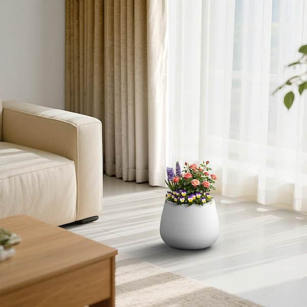 11 in. Medium Pearl White(Upgraded Interior) Concrete Round Planter / Pot with Drainage Holes for Indoor and Outdoor