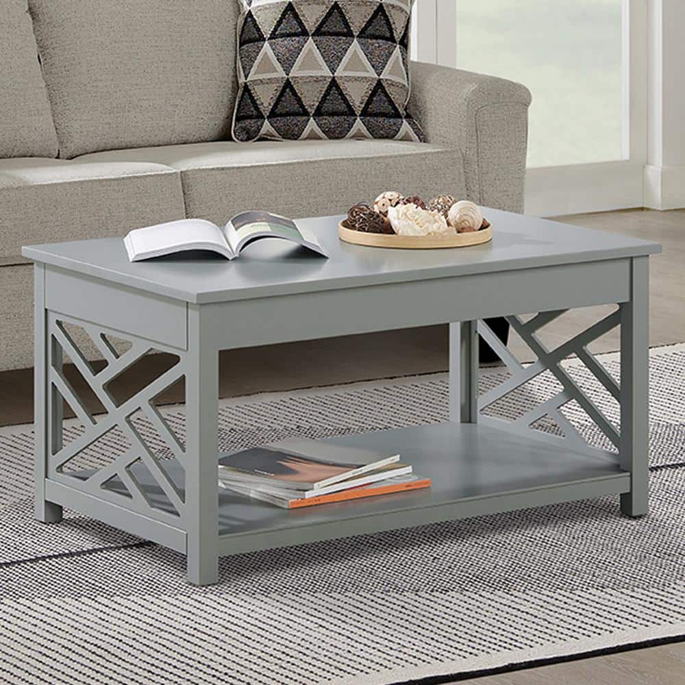 Gray Rectangular Wood Coffee Table with Storage