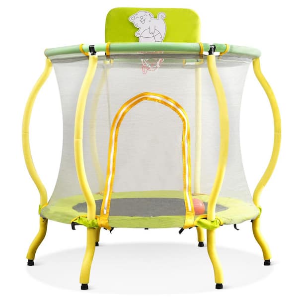Miscool Ami 4 ft Yellow Toddlers Trampoline with Safety Enclosure Net, Basketball Hoop and Ball, Indoor Outdoor Mini Trampoline