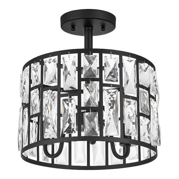 Home Decorators Collection Kristella 12.5 in. 3-Light Matte Black Semi Flush Mount Light with Clear Crystal Shade