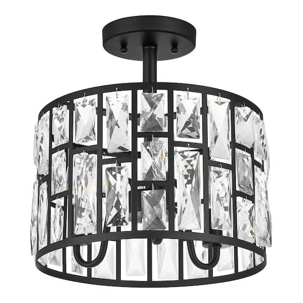 Kristella 12.5 in. 3-Light Matte Black Semi Flush Mount Light with Clear Crystal Shade