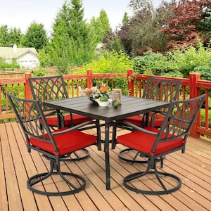 Black 5-Piece Metal Square Outdoor Dining Set with Cushion Patio Furniture Set with Swivel Chair