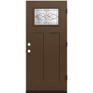 36 in. x 80 in. Left-Hand 1/4 Lite Craftsman Carillon Decorative Glass Dark Chocolate Fiberglass Prehung Front Door