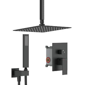 Single Handle 2-Spray Square Ceiling Mount Shower Faucet with 12 in. Hand Shower in Matte Black (Valve Included)