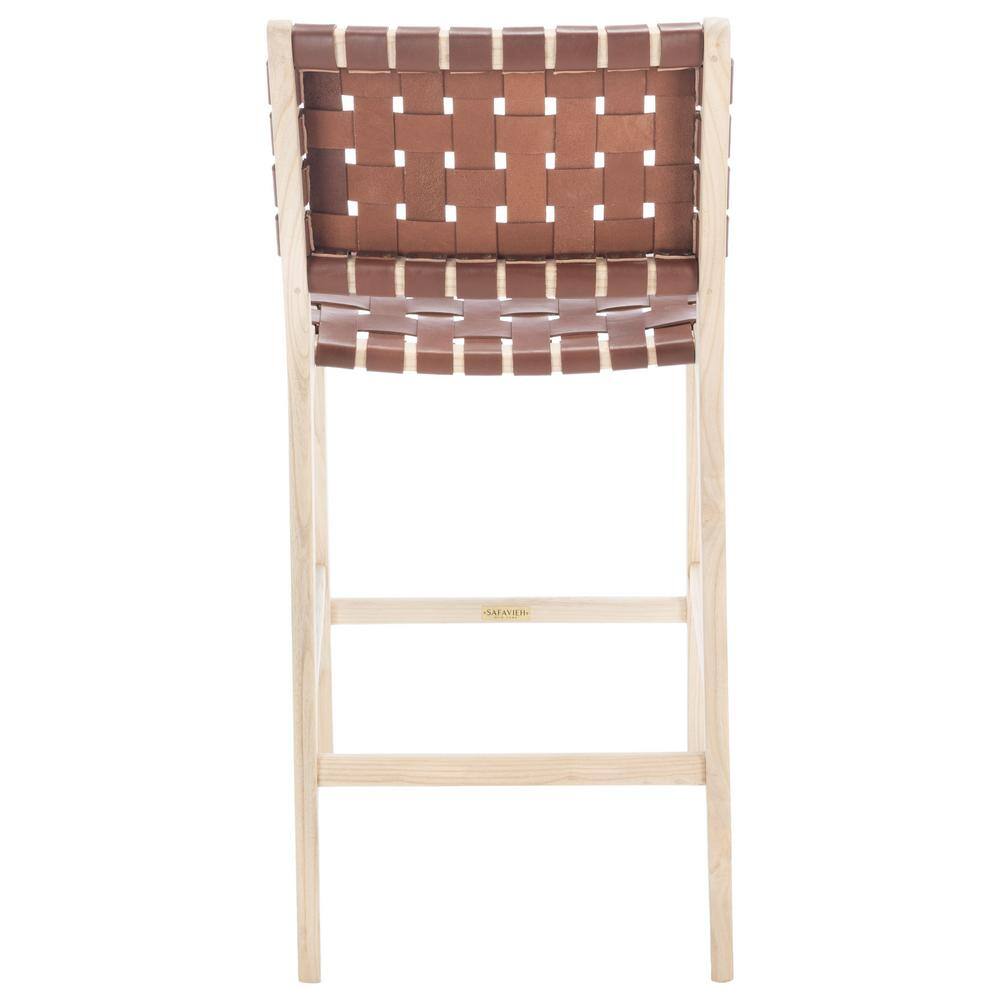 Cognac Leather and Natural Wood Counter Stool