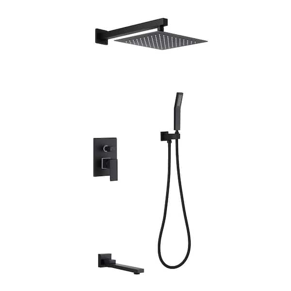 Inner Decor Aal Single-Handle 3-Spray Square 10 in. Shower Faucet with Bathtub Spout in Matte Black (Valve Included)