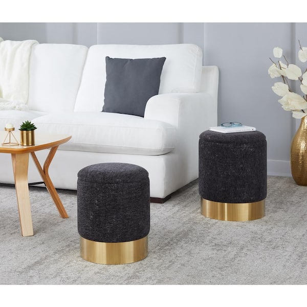 Lumisource Marla Nesting Black Fabric and Gold Metal Ottoman Set