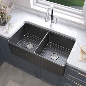 Black Fireclay 33 in. Double Bowl Farmhouse Apron Kitchen Sink with Bottom Grid and Basket Strainer