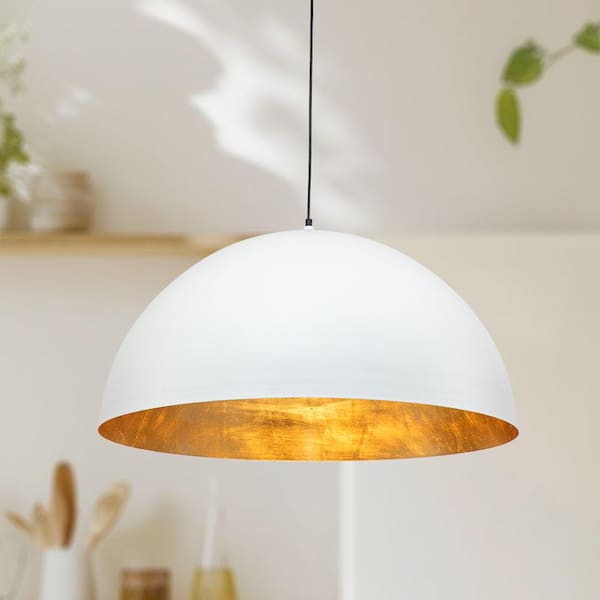 HUOKU PCover 15 in.Dia Medium Lighting 1-Light White Farmhouse Dome Pendant Light Industrial Gold Leaf Island Ceiling Light
