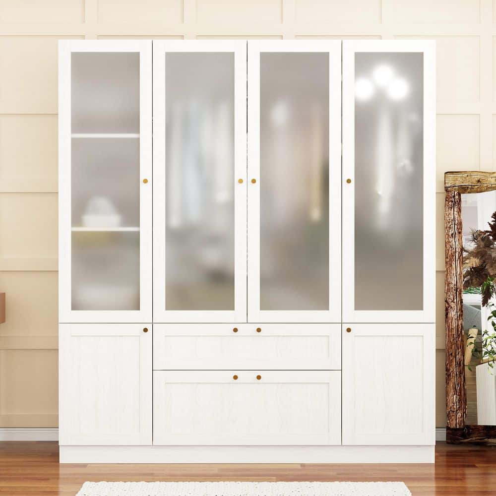 Beige Wood Grain 63 in. W Frosted Glass Doors Bedroom Armoire with Hanging Rods, Drawers and Shelves