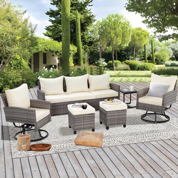 JUSKYS 6-Piece Gray Wicker Outdoor Dining Set with Swivel Chairs,Table, Ottomans and Milk-White Cushions