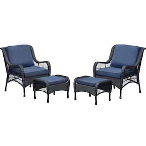 Menton 2-Piece Black Wicker Patio Conversation Set with Ottman Outdoor Seating Group with Navy Blue Cushion