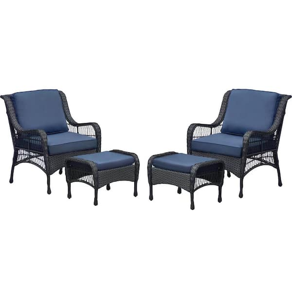 THY-HOM Menton 2-Piece Black Wicker Patio Conversation Set with Ottman Outdoor Seating Group with Navy Blue Cushion