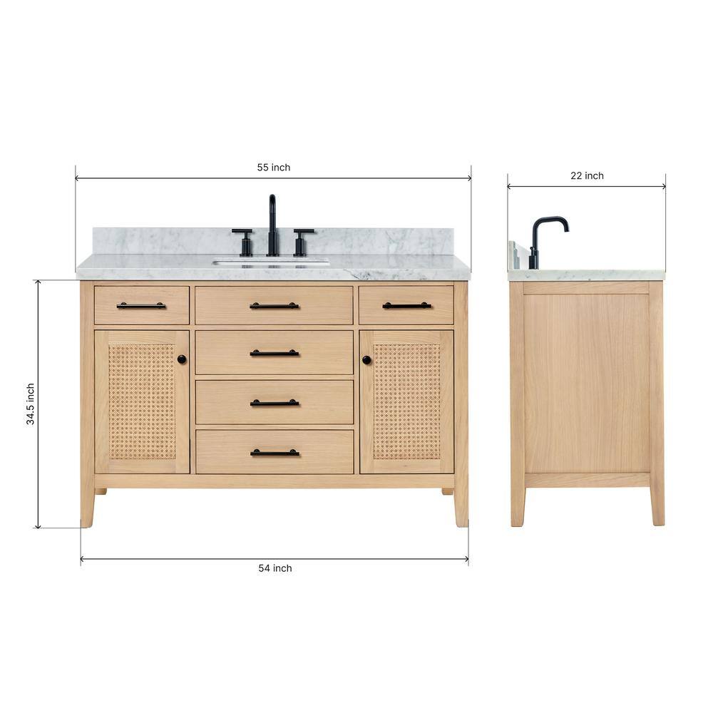 Camila 55" Light Brown Oak Single Sink Bathroom Vanity with Carrara Marble Top