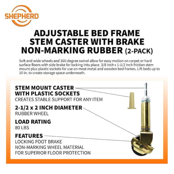 2-1/8 in. Adjustable Rubber Bed Frame Casters with Soft Tread (2-Pack)