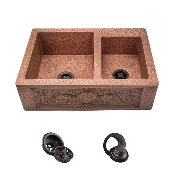 MR Direct Farmhouse Apron Front Copper 33 in. Double Bowl Kitchen Sink with Strainer and Flange