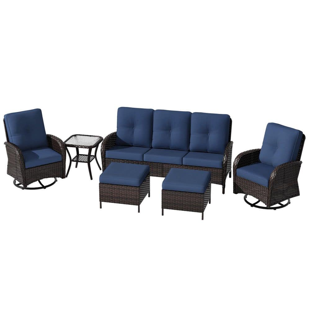 9-Piece Brown Wicker Patio Conversation Set with Sofa, Swivel Rocking Chairs and Blue Cushions price history on PriceWatchPro