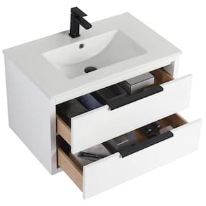 Kingsford 30 in. Single Wall Mounted White Bath Vanity with Drawers with White Ceramic Sink Top