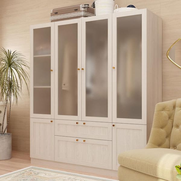 Light Oak Wood 63 in. Bedroom Armoire with Frosted Glass Doors, Double Hanging Rods and 2-Large Storage Drawers