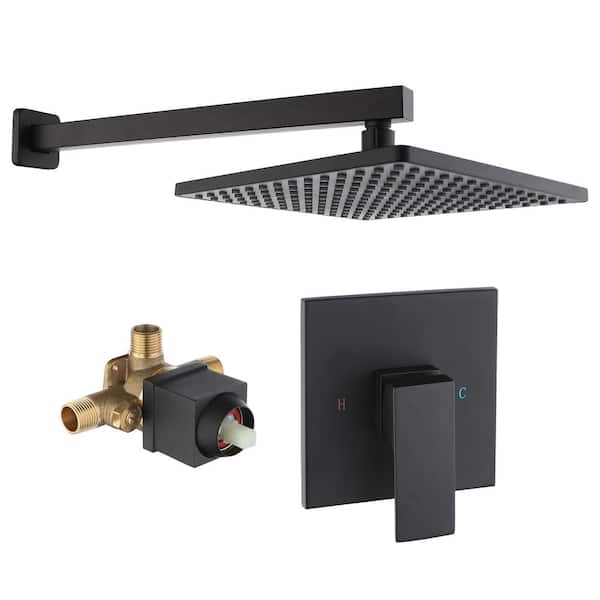 Single Handle 1-Spray 10 in. Wall Mount Square Shower Faucet 1.8 GPM with Valve in Matte Black
