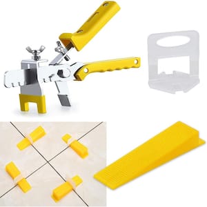 Tile Leveling Systems 300-Pack 1.4 in. W Leveling Clips and 100 pcs Yellow Reusable Wedges and 1 Tile Plier ABS Plastic