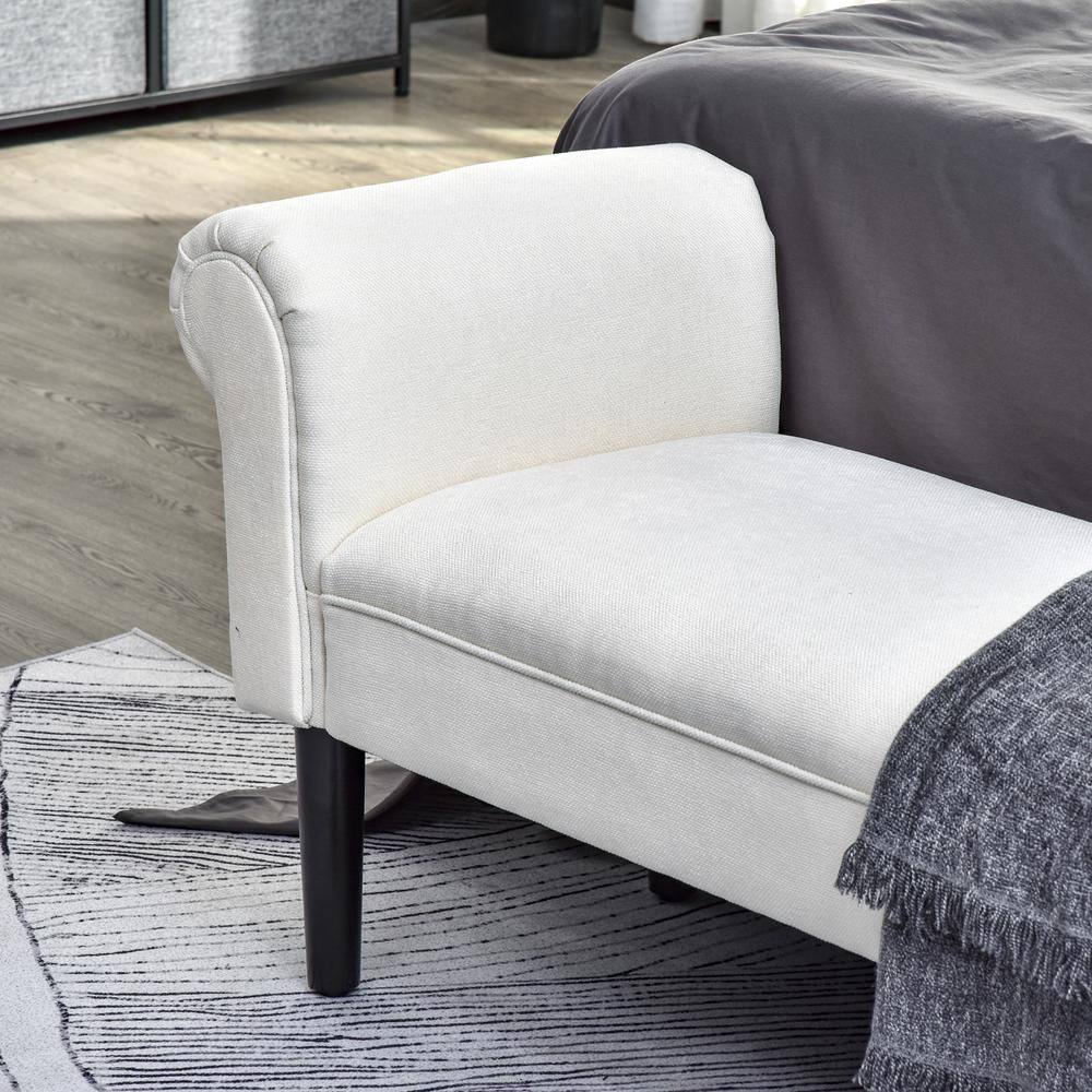 Cream White Linen Upholstered Ottoman Bench with Armrests