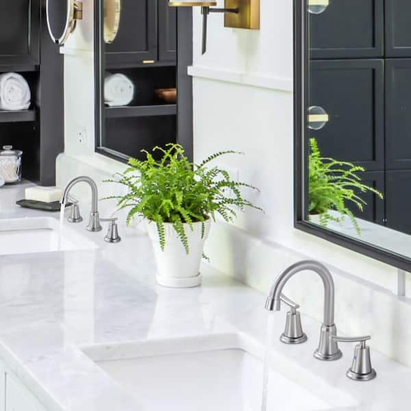 Modern 8 in. Widespread Double Handle Bathroom Faucet with Pop Up Drain and Supply Hose in Brushed Nickel