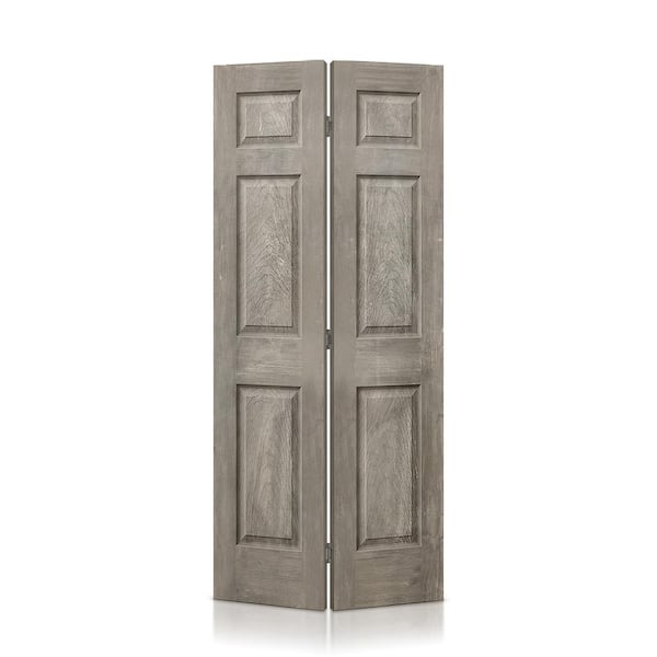 CALHOME 30 in. x 80 in. Vintage Gray Stain 6 Panel MDF Composite Bi-Fold Closet Door with Hardware Kit