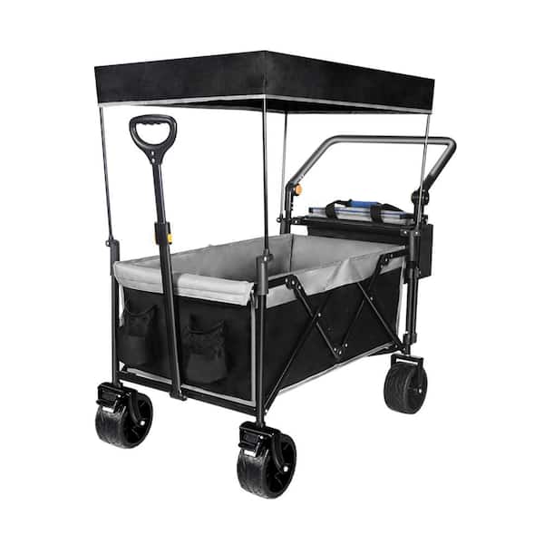 4.5 cu. ft. Steel Garden Cart Collapsible Wagon with Removable Canopy in Black+Grey