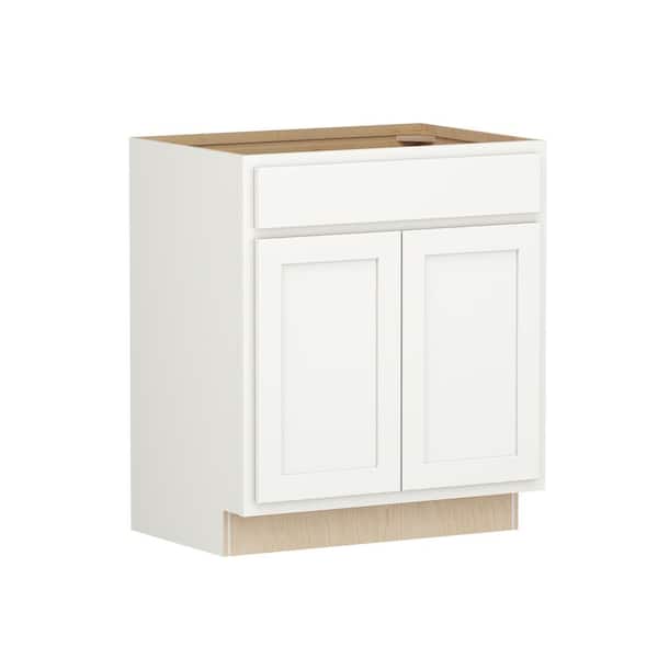 SIMPLY WOODMARK PRO Shaker Partial Overlay 30 in W x 20.75 in D x 34.5 in H Plywood Assembled Vanity Sink Base Bath Cabinet in Linen White