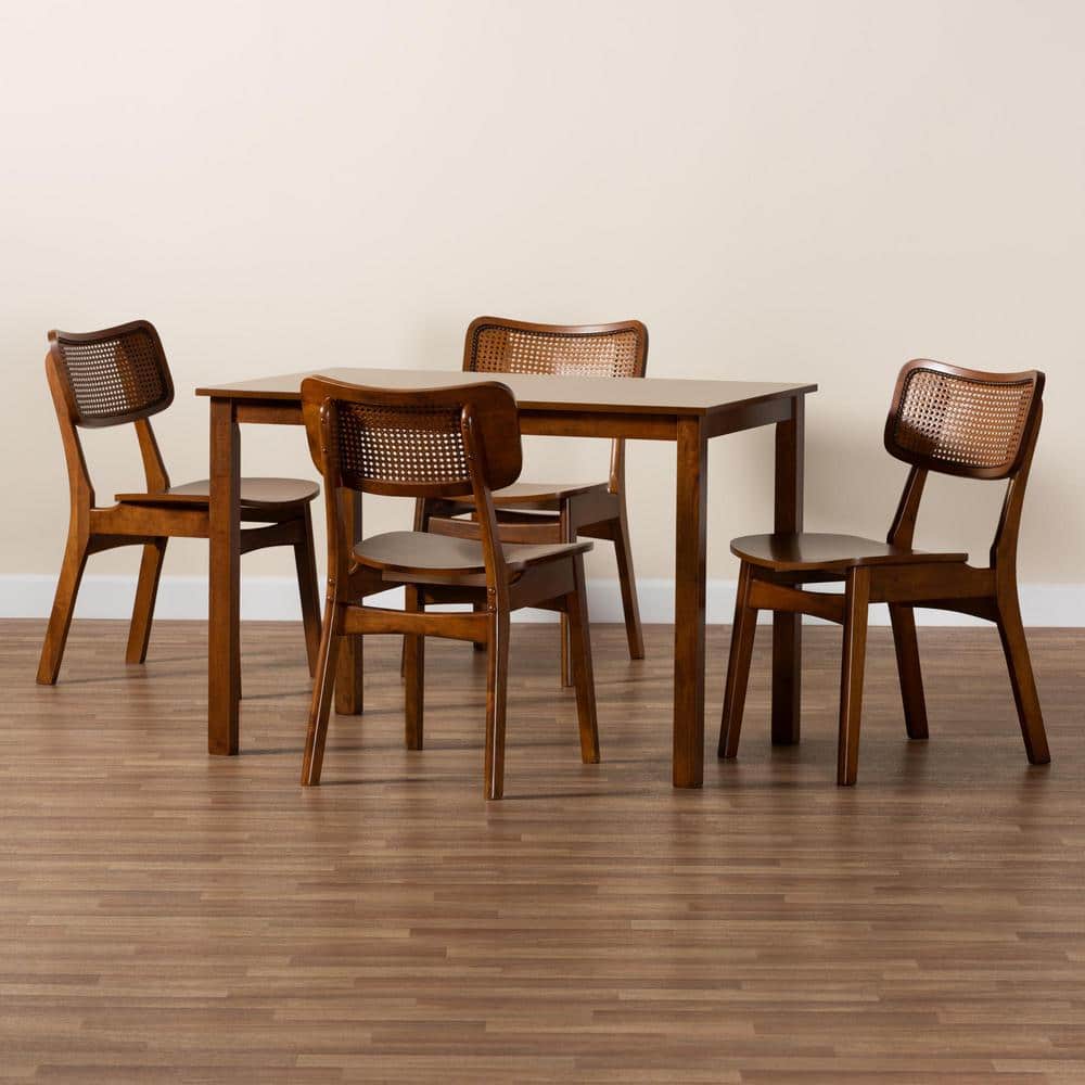 Walnut Brown and Light Brown Wood and Rattan 5-Piece Dining Set