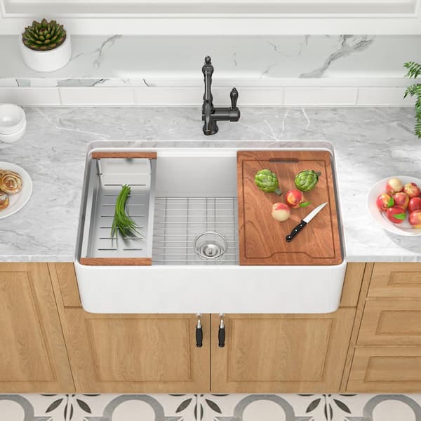 33 in. x 19 in. Ceramic White Single Bowl Farmhouse/Apron-Front Workstation Kitchen Sink with Gold Sink Accessories