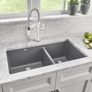 PRECIS Undermount Granite Composite 33 in. 60/40 Double Bowl Kitchen Sink in Metallic Gray