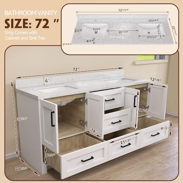 Solid Wood 72 in. Double Sinks White Freestanding Bath Vanity Cabinet with Carrara White Cultured Marble Top Assembled
