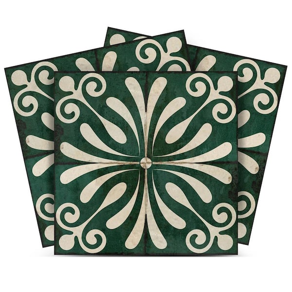 MI ALMA Antique White and Dark Green R100 4 in. x 4 in. Vinyl Peel and Stick Tile (2.67 sq.ft., 24-Tiles/pack)