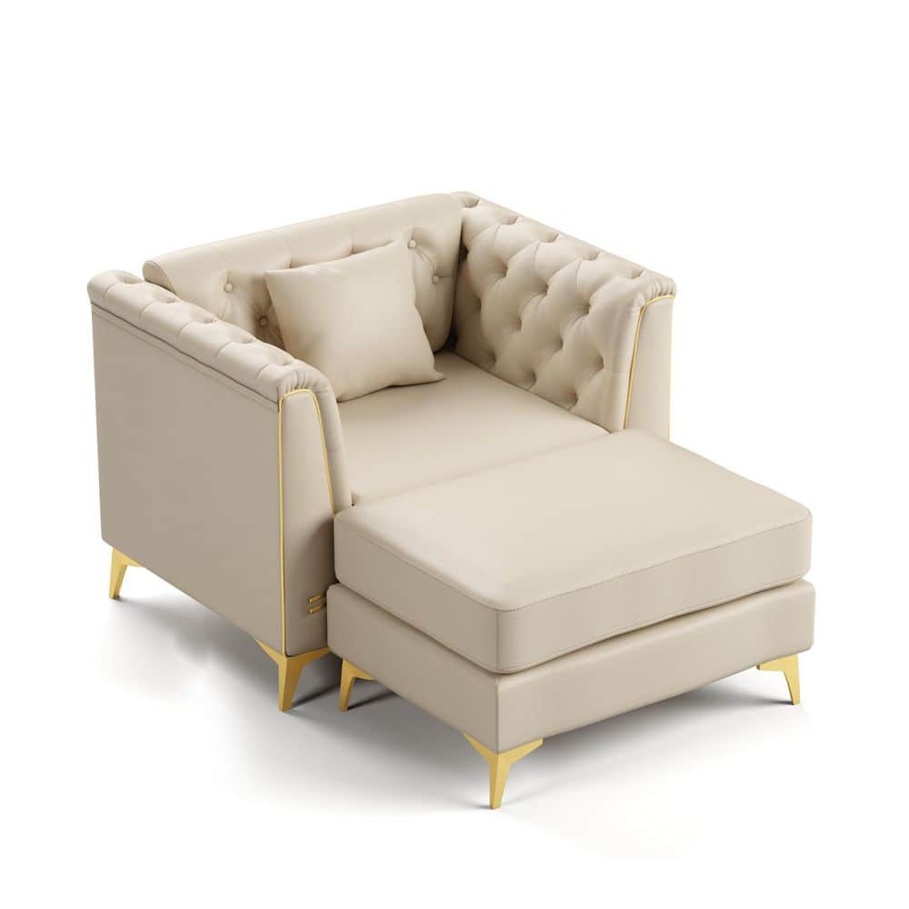 Modern 40.1 in. Faux Leather Chesterfield Modular Tufted Sectional Sofa with Ottoman and 1 Pillow in Beige and White price history on PriceWatchPro
