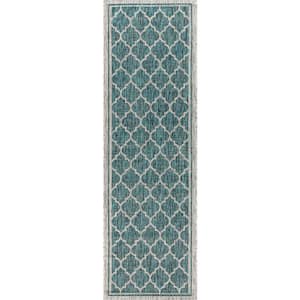 Trebol Moroccan Trellis Textured Weave Teal/Gray 2 ft. x 10 ft. Indoor/Outdoor Runner Rug