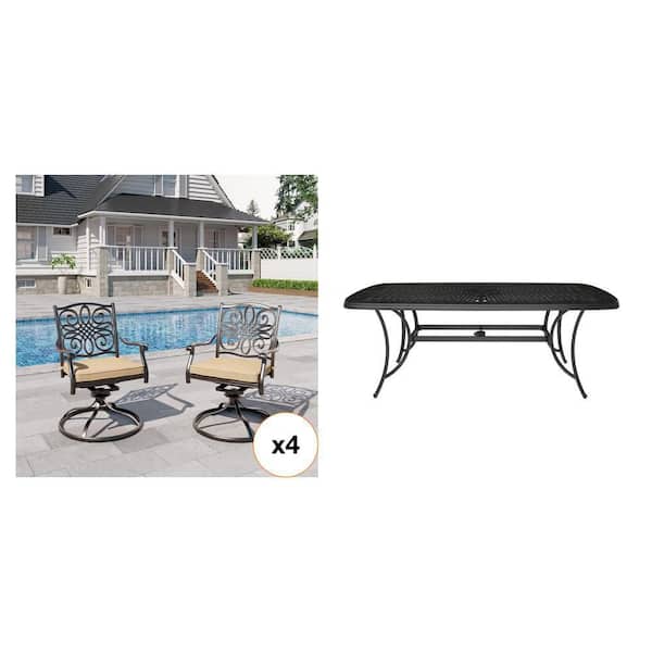 73 in. Cast Aluminum Patio Table with Umbrella Hole and 2 Cast Aluminum Swivel Dining Chairs Combo (3 Piece)