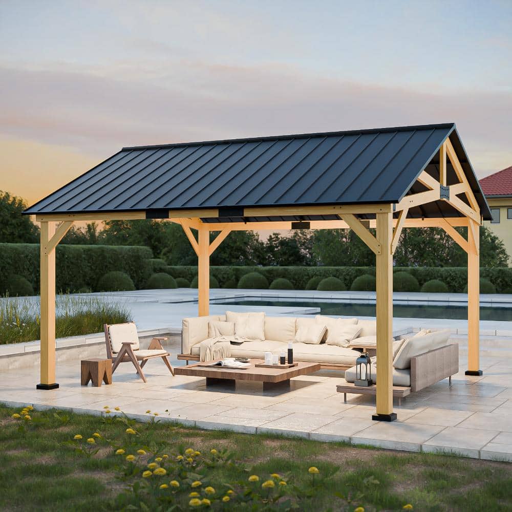 Shade Graphix 15 ft. W x 13 ft. D Wooden Hardtop Gazebo w/ Galvanized Steel Roof Solid Cedar Wood Frame Ceiling Hook for Patio Outdoor