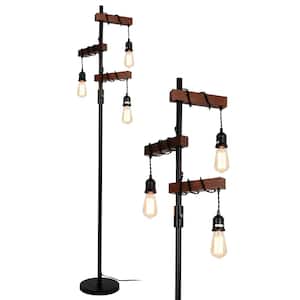 68 in. Brown 3-Lights Farmhouse Tree Floor Lamp, Tall Standing Lamp with Rattan Lampshade, Wood Standing Lamp
