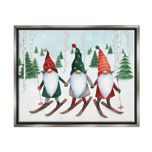 Stupell Industries Gnome Trio Skiing by Emma Leach 1 Piece Floater Frame Graphic Print Sports Poster Art Print 31 in. x 25 in.