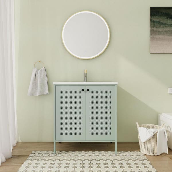 30 in. Freestanding Single Green Bath Vanity with White Ceramic Top Unassembled