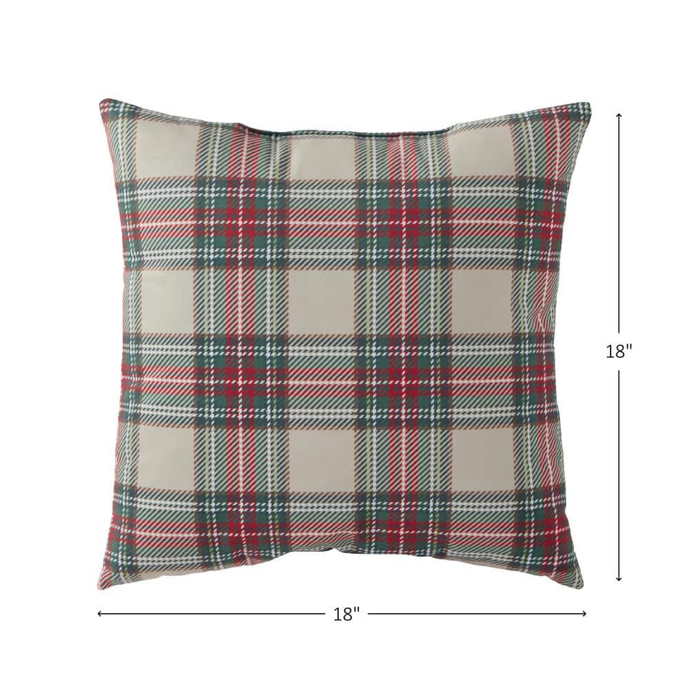 18-Inch Red and Green Plaid Cotton Holiday Throw Pillow