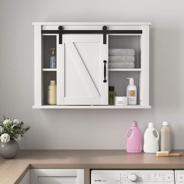 27-in W x 7.8-in D x 20-in H in MDF Ready to Assemble Wall Bathroom Medicine Cabinet in White with Sliding Barn Door